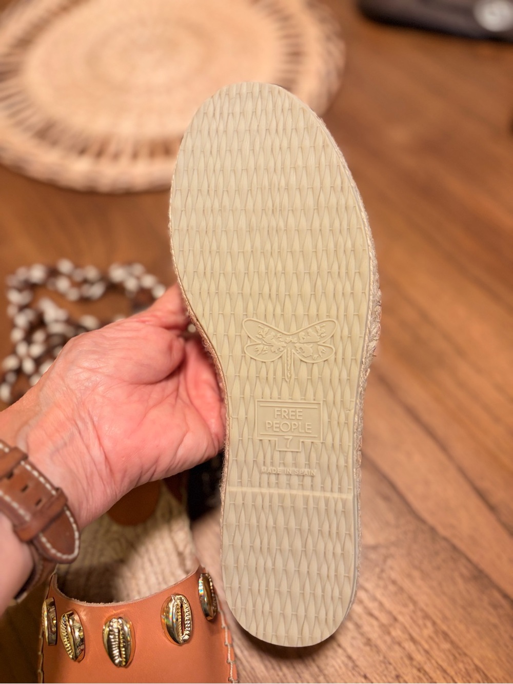 Free People Cowrie Shell Tan Leather Espadrille Sandals - Picture 5 of 8